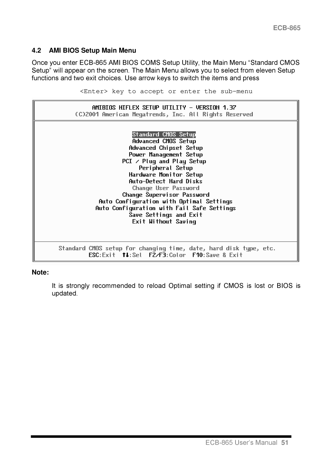 Intel ECB-865 user manual AMI Bios Setup Main Menu, Enter key to accept or enter the sub-menu 