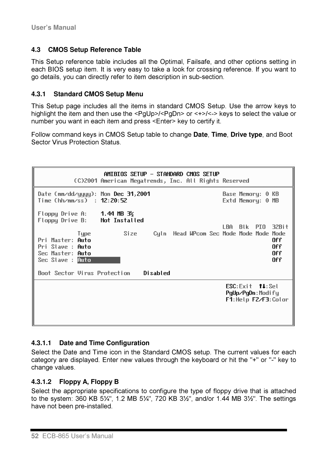 Intel ECB-865 Cmos Setup Reference Table, Standard Cmos Setup Menu, Date and Time Configuration, Floppy A, Floppy B 