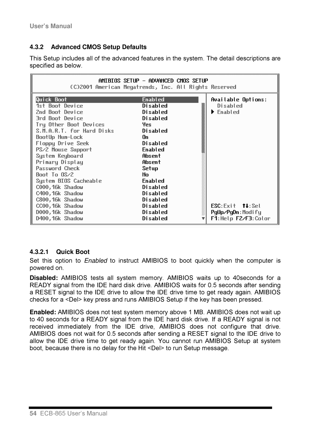 Intel ECB-865 user manual Advanced Cmos Setup Defaults, Quick Boot 