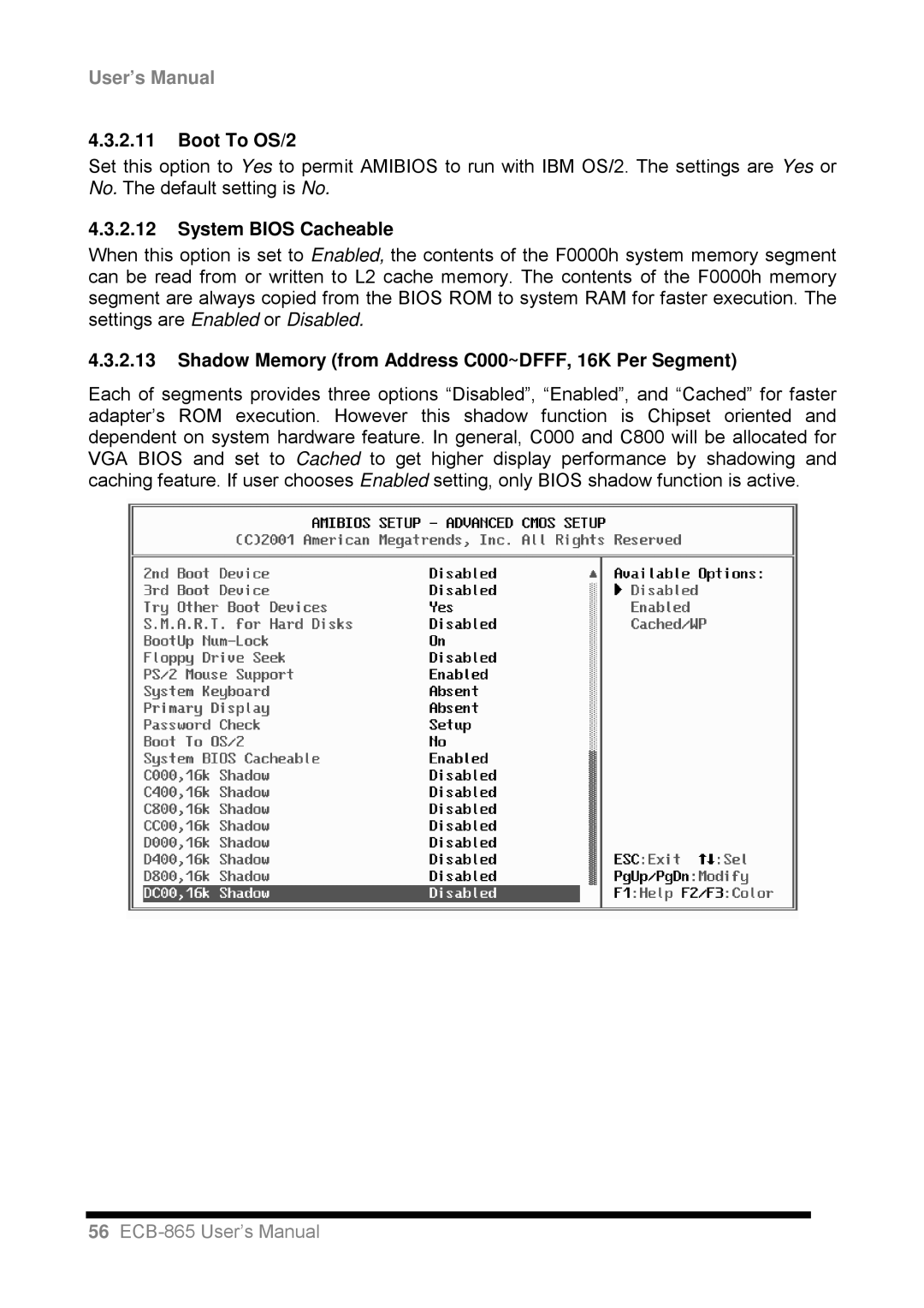 Intel ECB-865 user manual Boot To OS/2, System Bios Cacheable, Shadow Memory from Address C000~DFFF, 16K Per Segment 