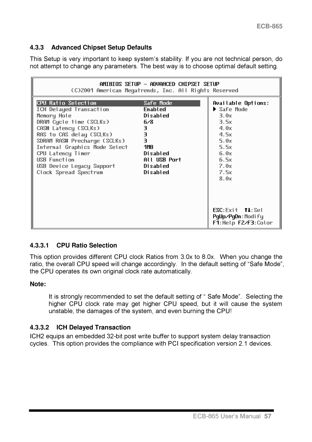 Intel ECB-865 user manual Advanced Chipset Setup Defaults, CPU Ratio Selection, ICH Delayed Transaction 