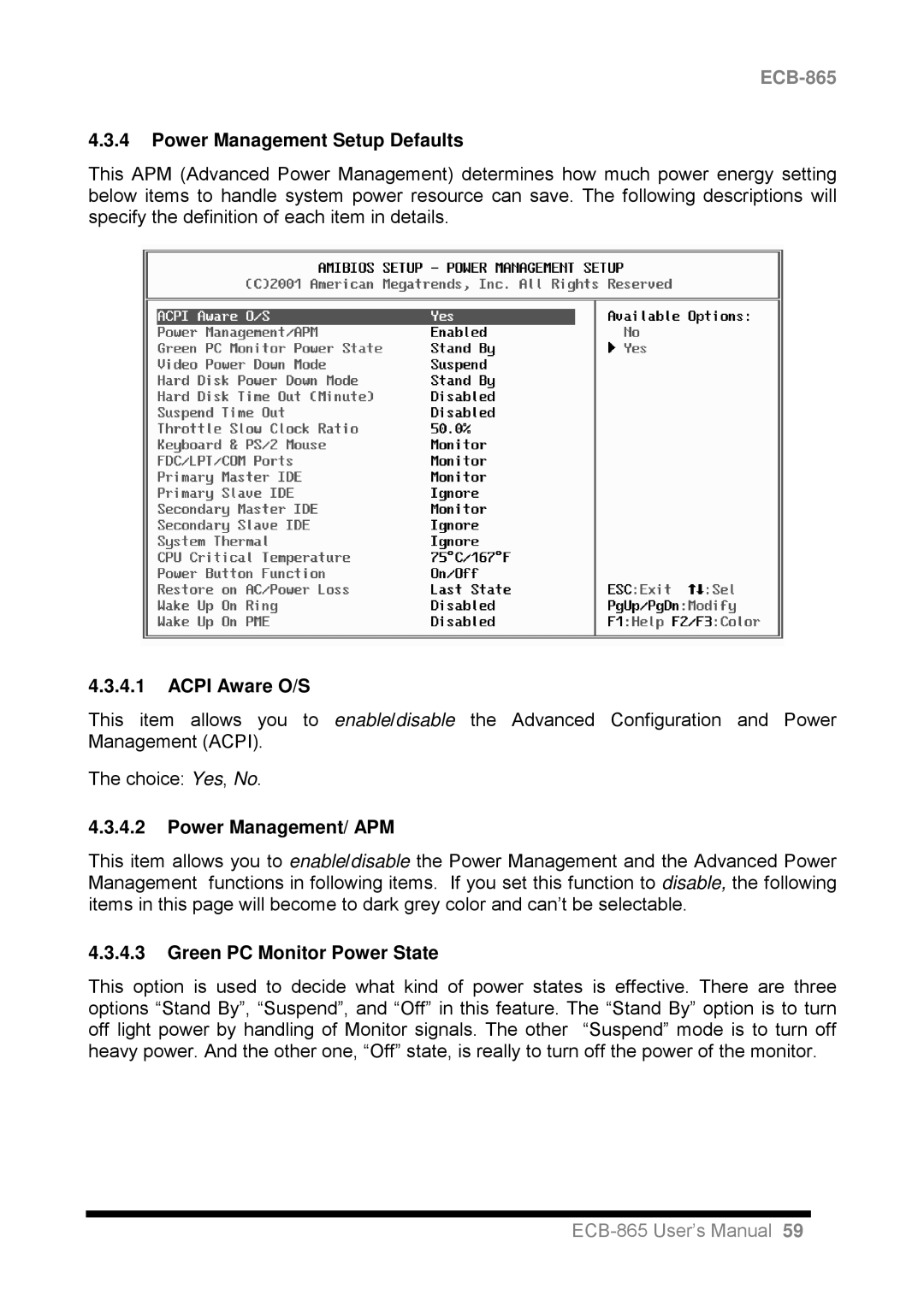 Intel ECB-865 Power Management Setup Defaults, Acpi Aware O/S, Power Management/ APM, Green PC Monitor Power State 