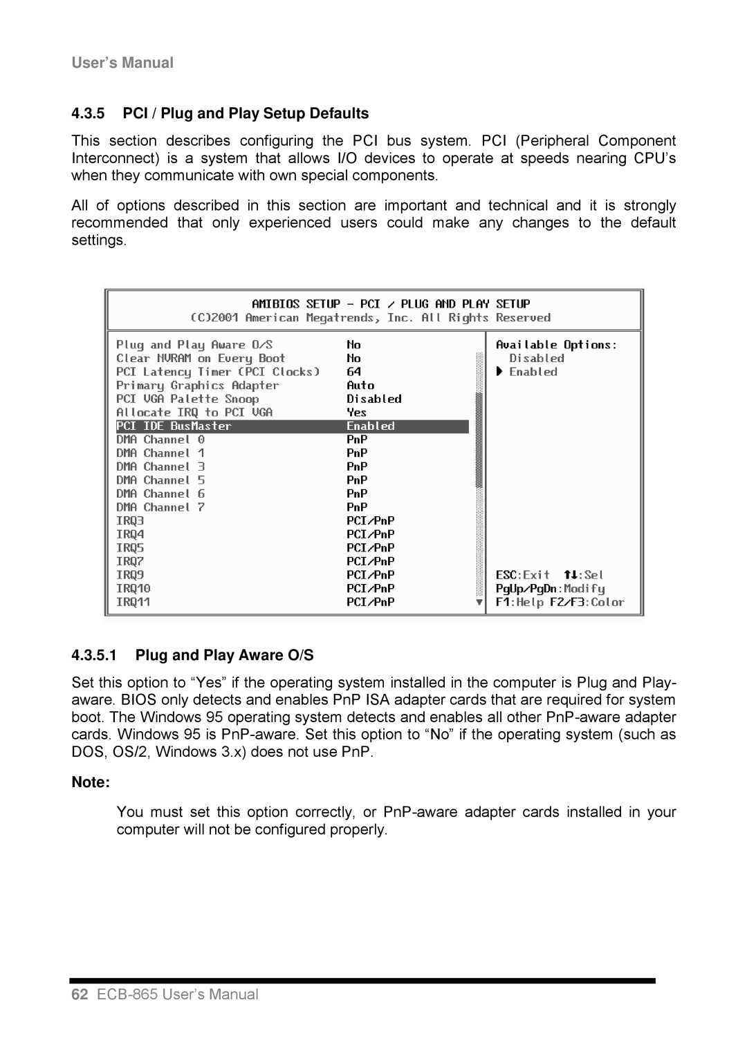 Intel ECB-865 user manual PCI / Plug and Play Setup Defaults, Plug and Play Aware O/S 