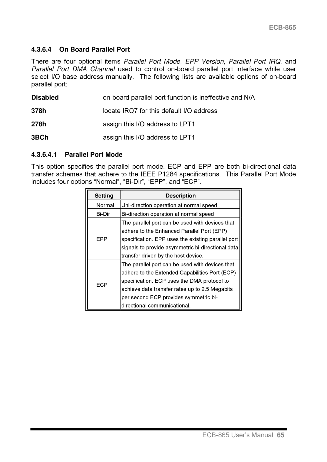 Intel ECB-865 user manual On Board Parallel Port, Disabled, 378h, 278h, 3BCh, Parallel Port Mode 