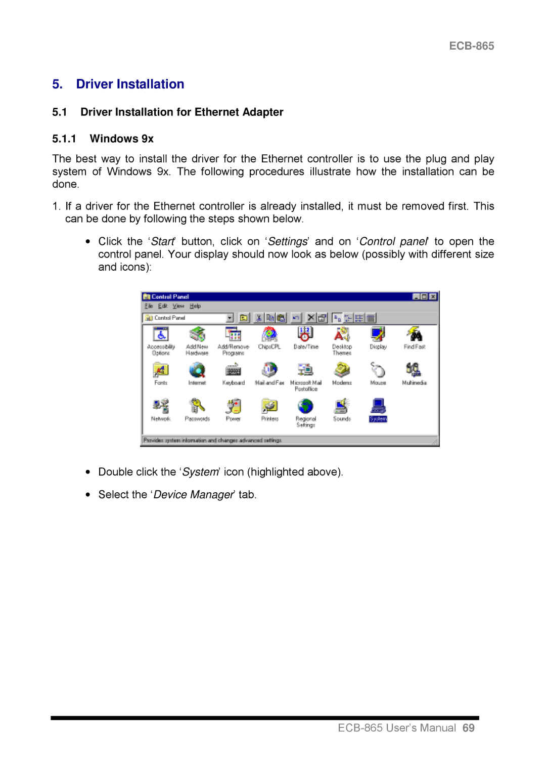 Intel ECB-865 user manual Driver Installation for Ethernet Adapter Windows 