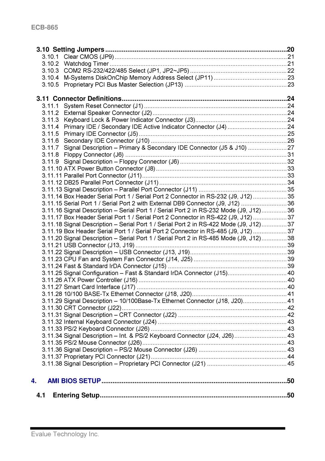 Intel ECB-865 user manual Setting Jumpers, Connector Definitions, Entering Setup 