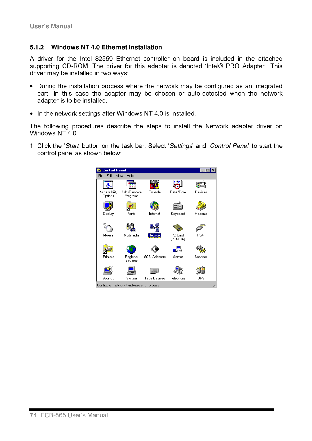 Intel ECB-865 user manual Windows NT 4.0 Ethernet Installation 