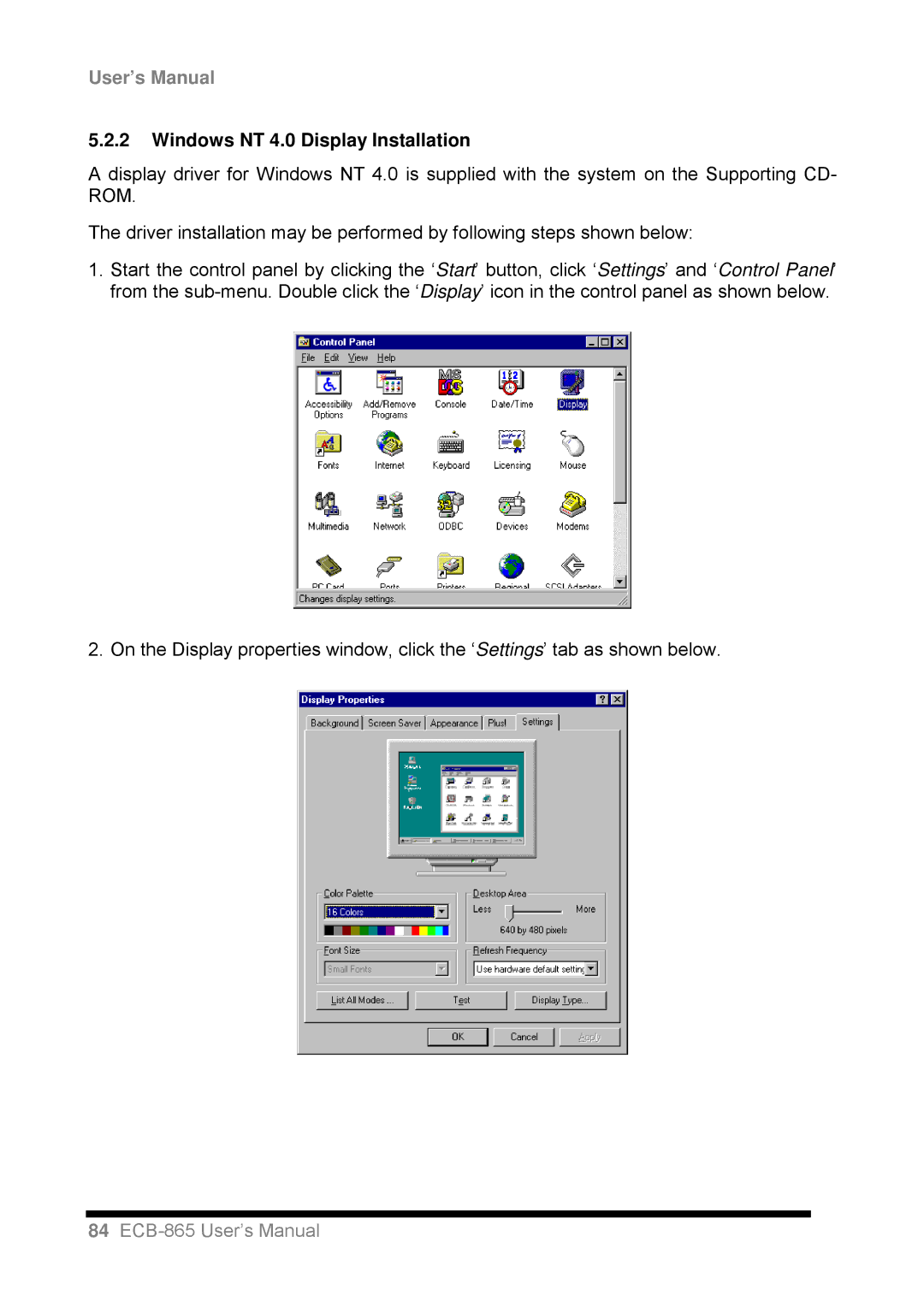 Intel ECB-865 user manual Windows NT 4.0 Display Installation 