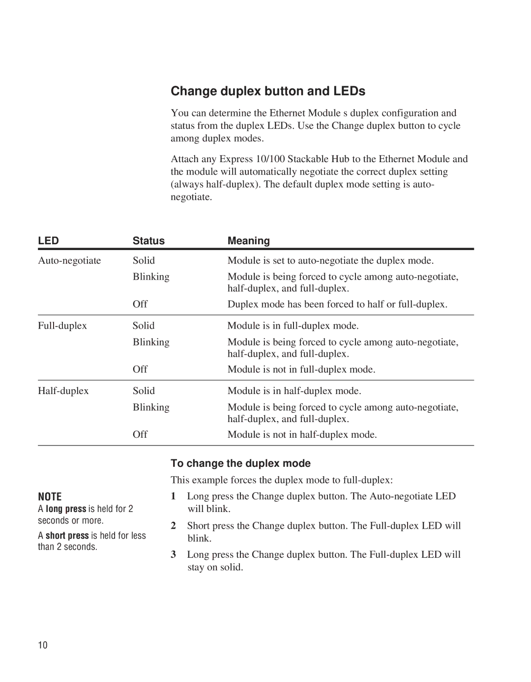 Intel EE110EM manual Change duplex button and LEDs, To change the duplex mode 