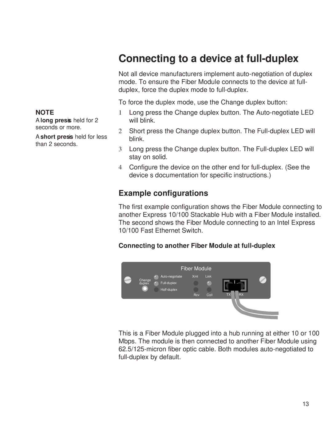 Intel EE110EM manual Connecting to a device at full-duplex, Connecting to another Fiber Module at full-duplex 