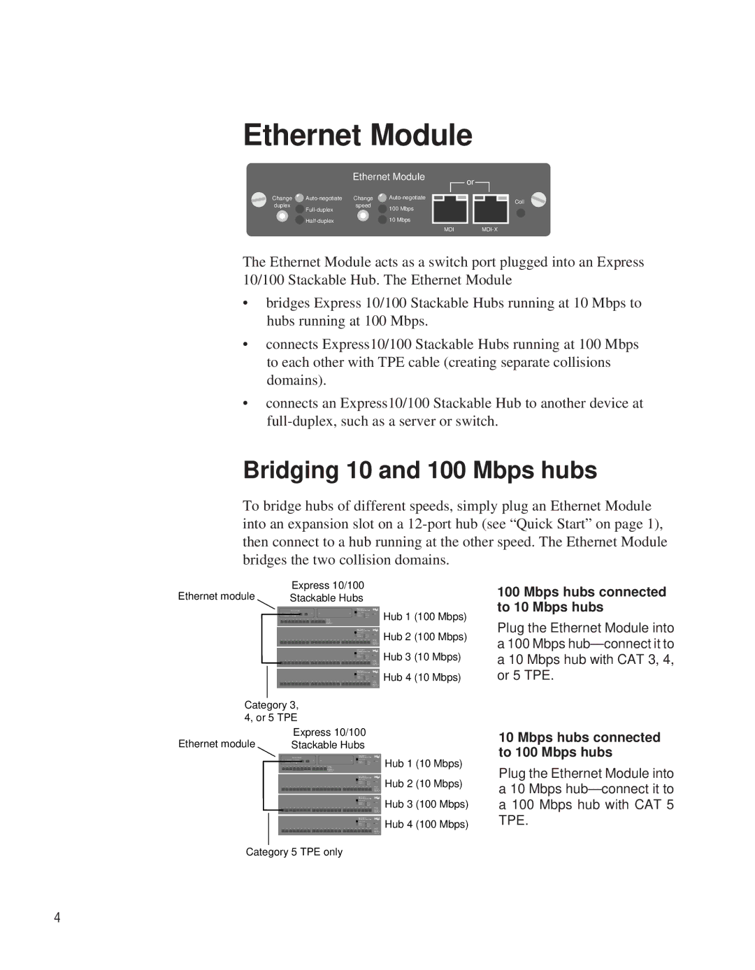 Intel EE110EM manual Ethernet Module, Bridging 10 and 100 Mbps hubs 