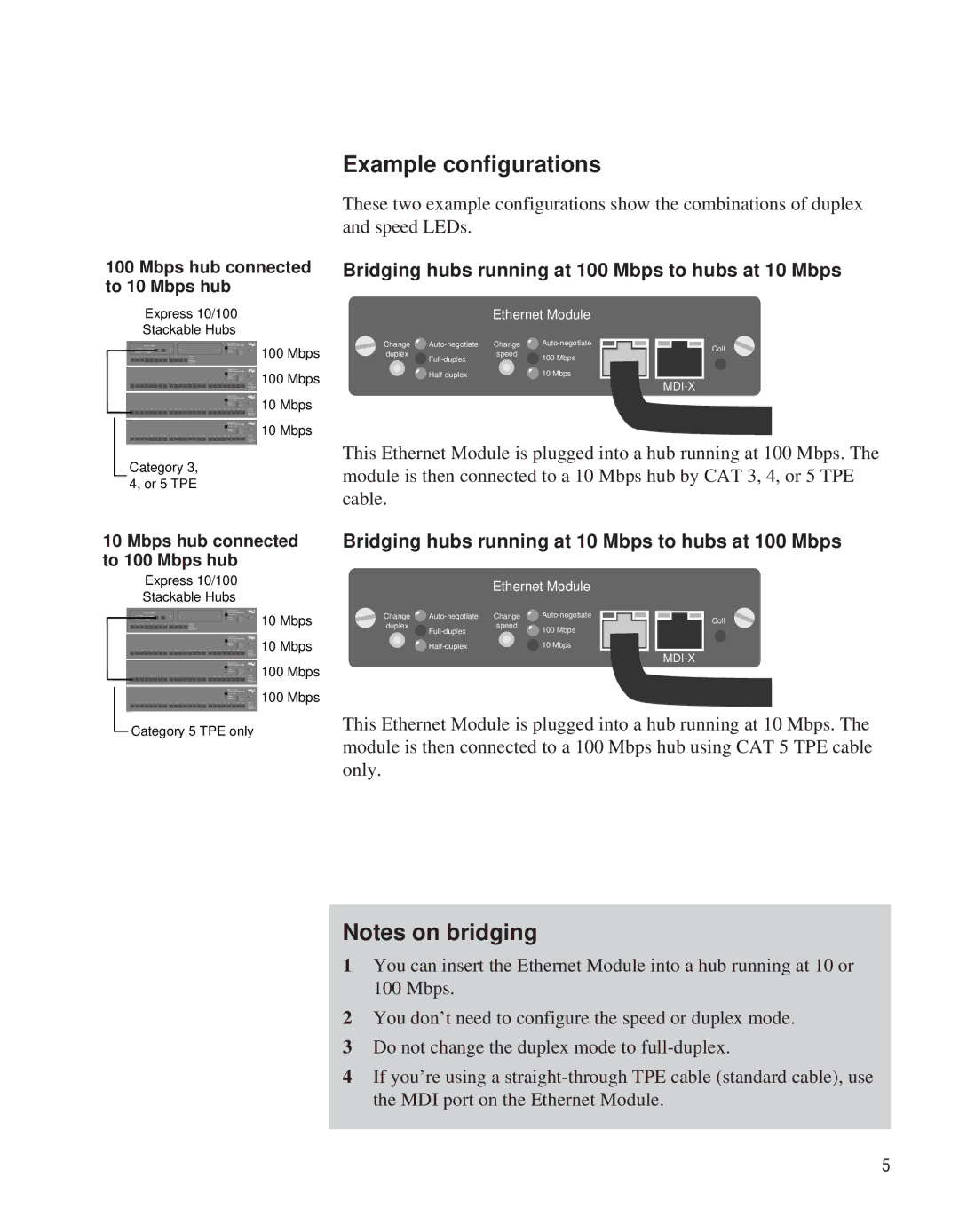 Intel EE110EM manual Example configurations, Bridging hubs running at 10 Mbps to hubs at 100 Mbps 