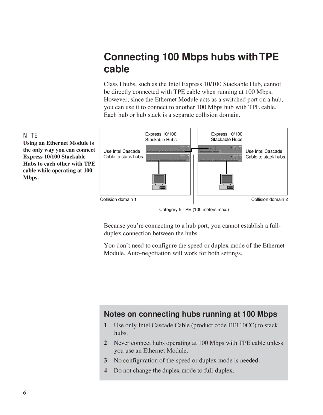 Intel EE110EM manual Connecting 100 Mbps hubs with TPE cable, Use Intel Cascade Cable to stack hubs 