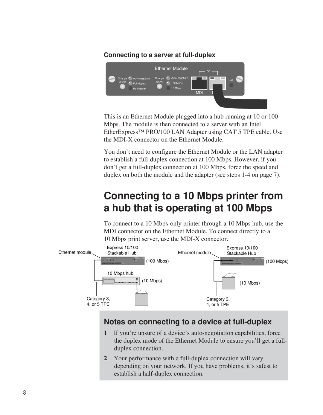 Intel EE110EM manual Connecting to a server at full-duplex 