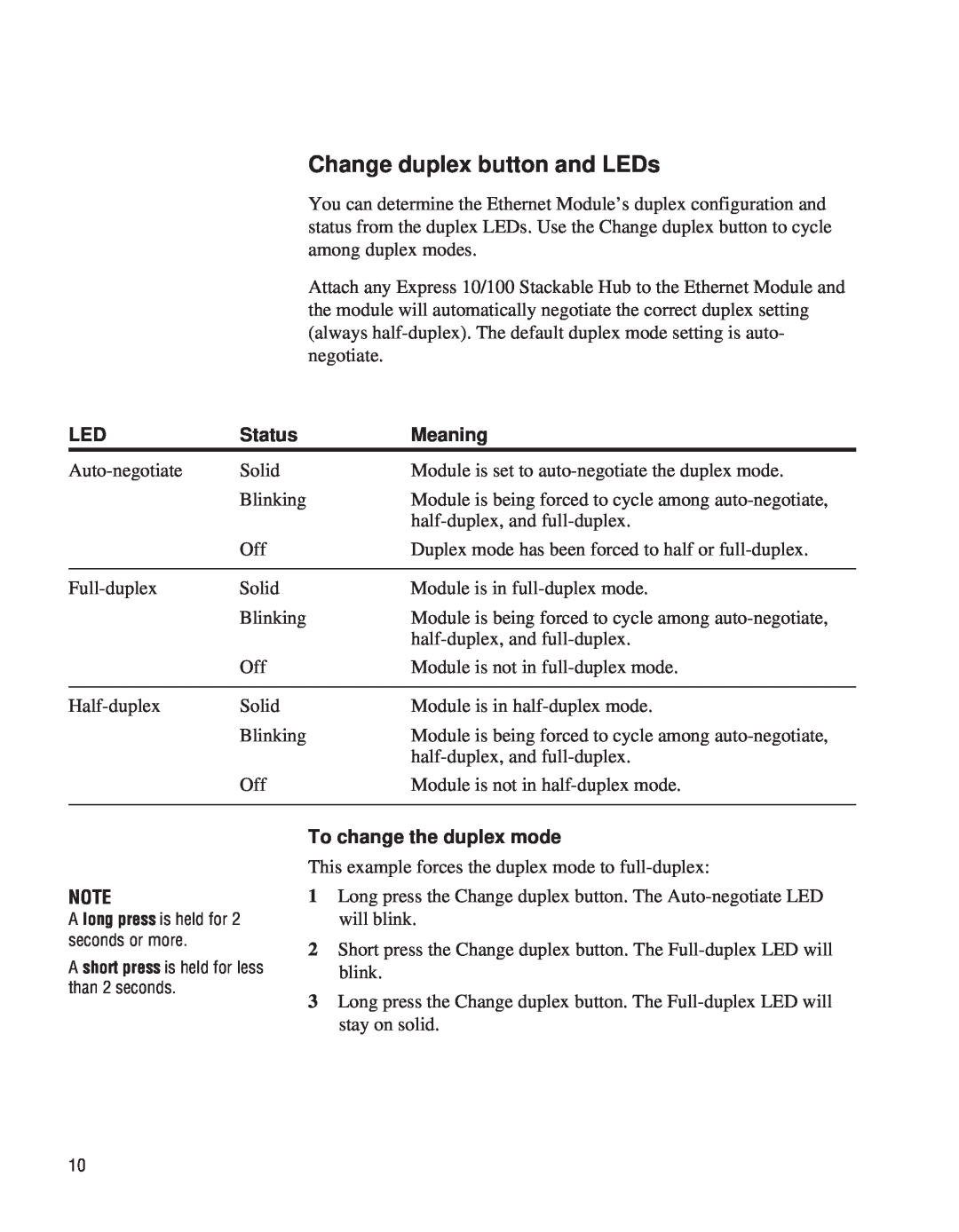 Intel EE110EM manual Change duplex button and LEDs, Status, Meaning, To change the duplex mode 