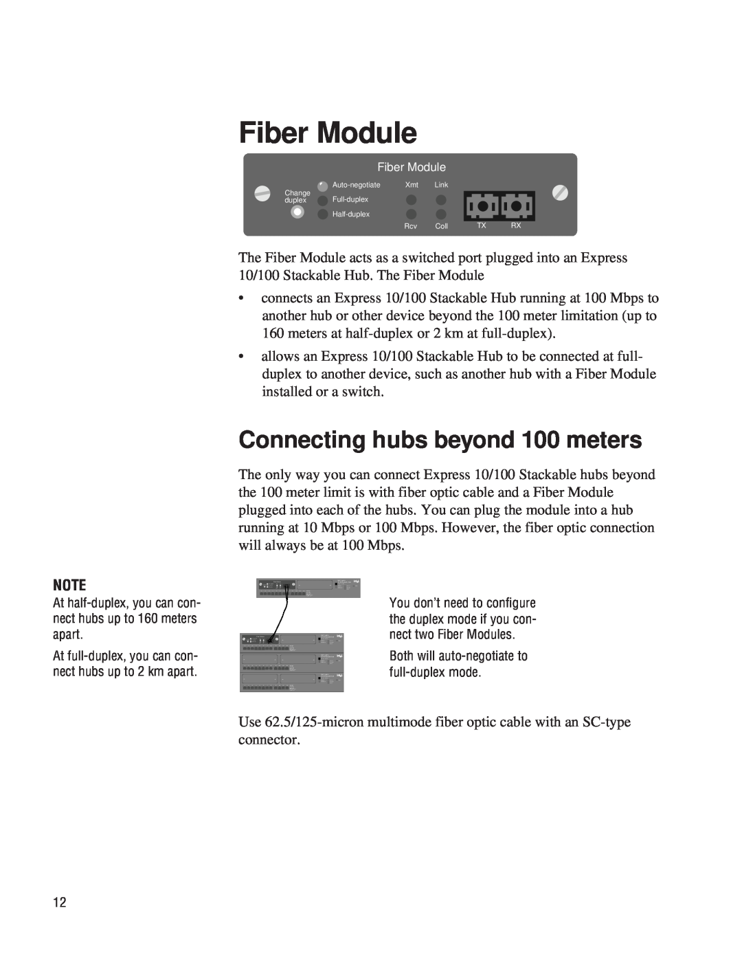 Intel EE110EM manual Fiber Module, Connecting hubs beyond 100 meters 
