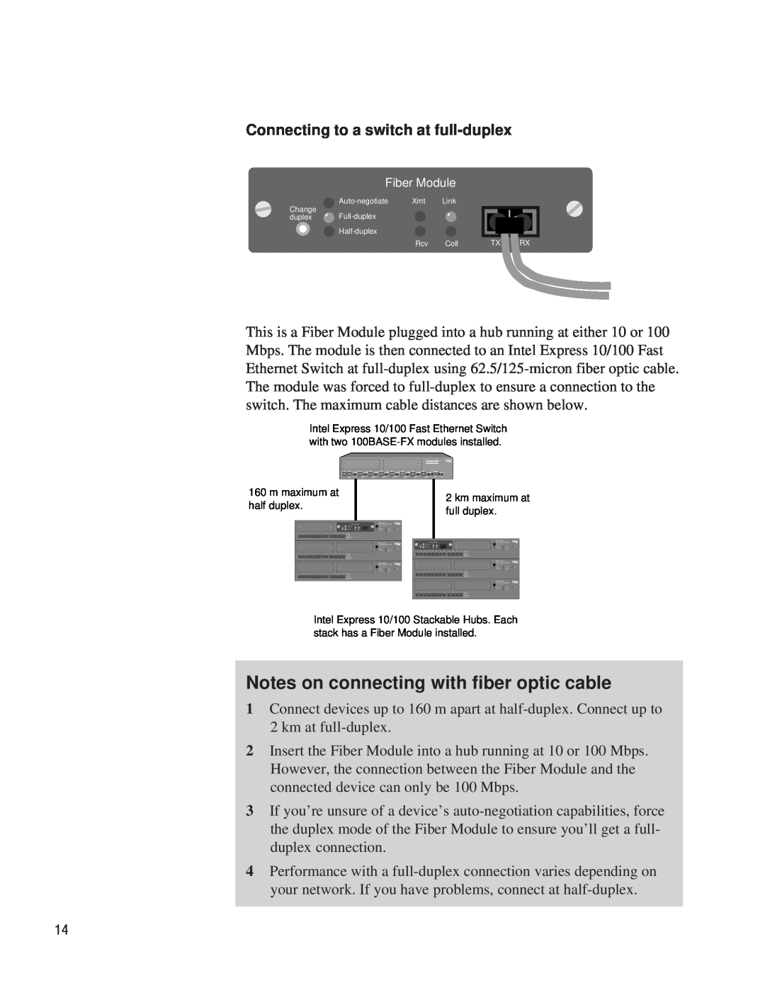 Intel EE110EM manual Notes on connecting with fiber optic cable, half duplex, full duplex 