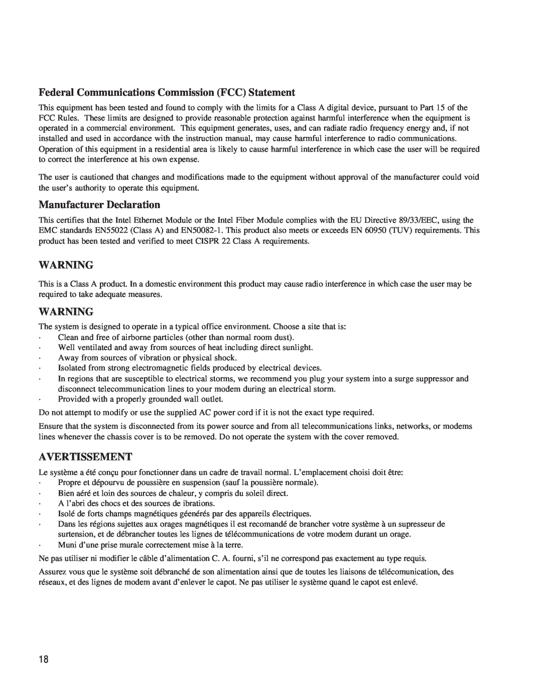 Intel EE110EM manual Federal Communications Commission FCC Statement, Manufacturer Declaration, Avertissement 