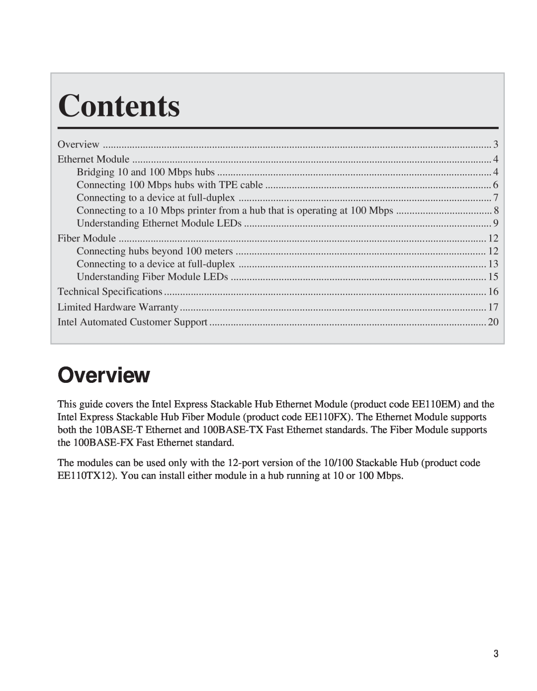 Intel EE110EM manual Contents, Overview 