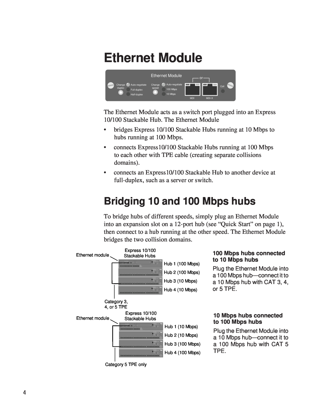 Intel EE110EM manual Ethernet Module, Bridging 10 and 100 Mbps hubs 