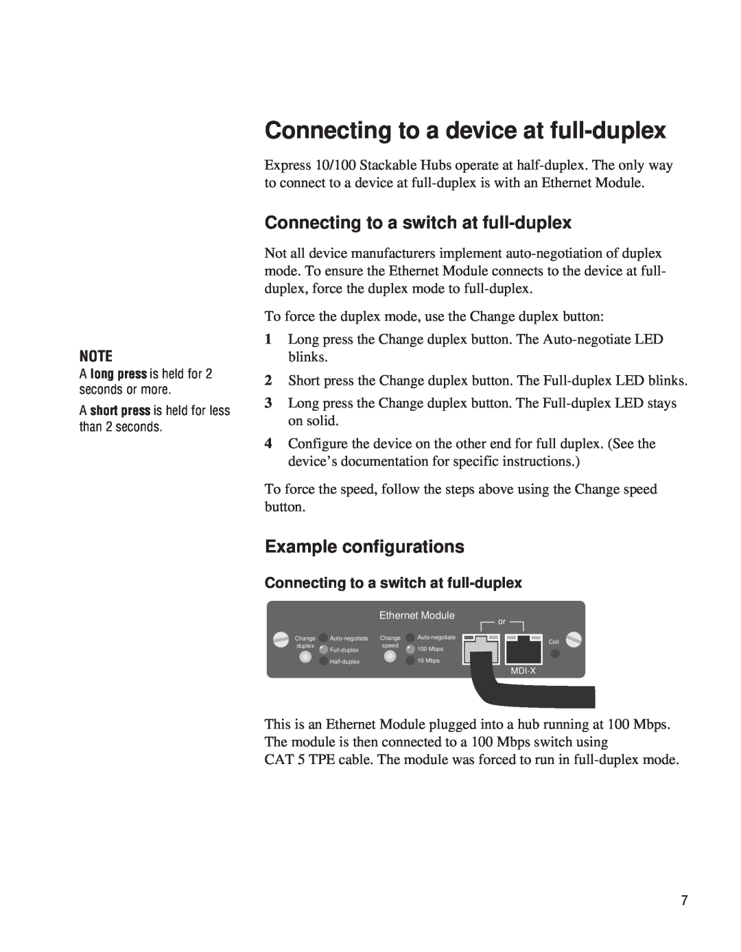 Intel EE110EM manual Connecting to a device at full-duplex, Connecting to a switch at full-duplex, Example configurations 