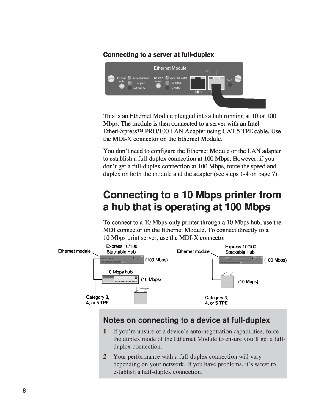Intel EE110EM manual Notes on connecting to a device at full-duplex, Connecting to a server at full-duplex 