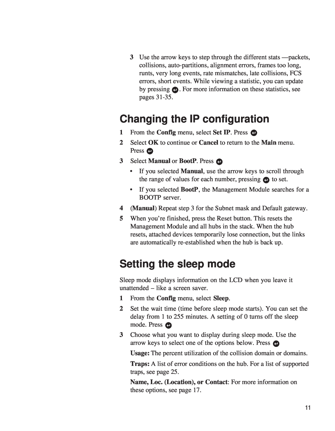 Intel EE110MM manual Changing the IP configuration, Setting the sleep mode 