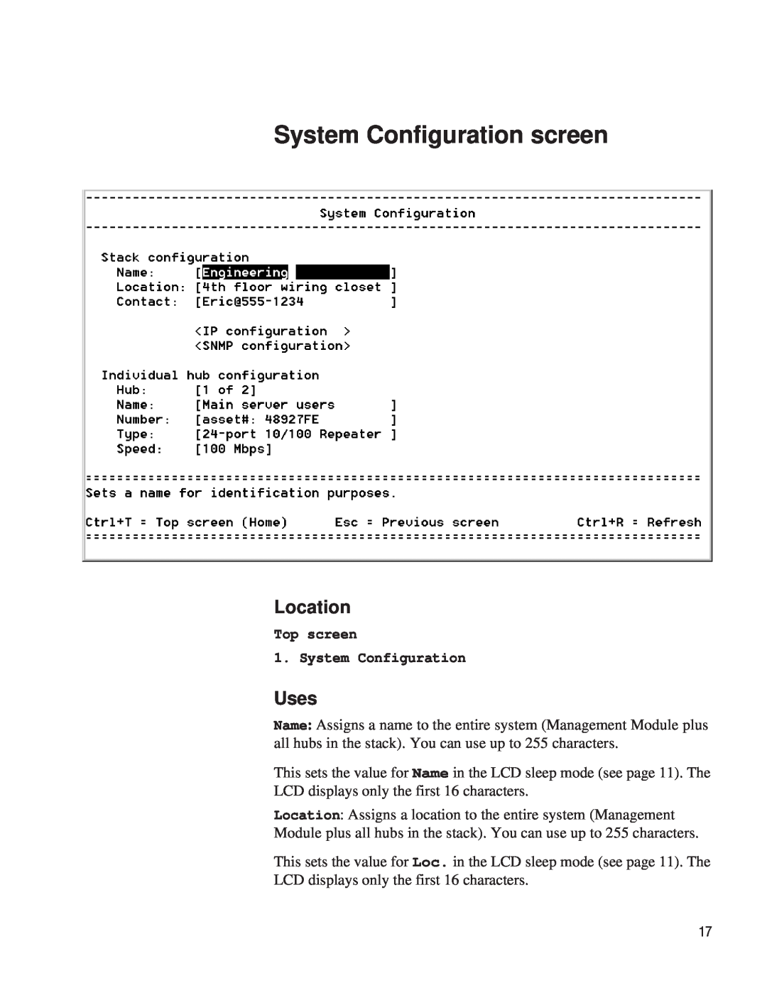 Intel EE110MM manual System Configuration screen, Location, Uses, Top screen 1. System Configuration 