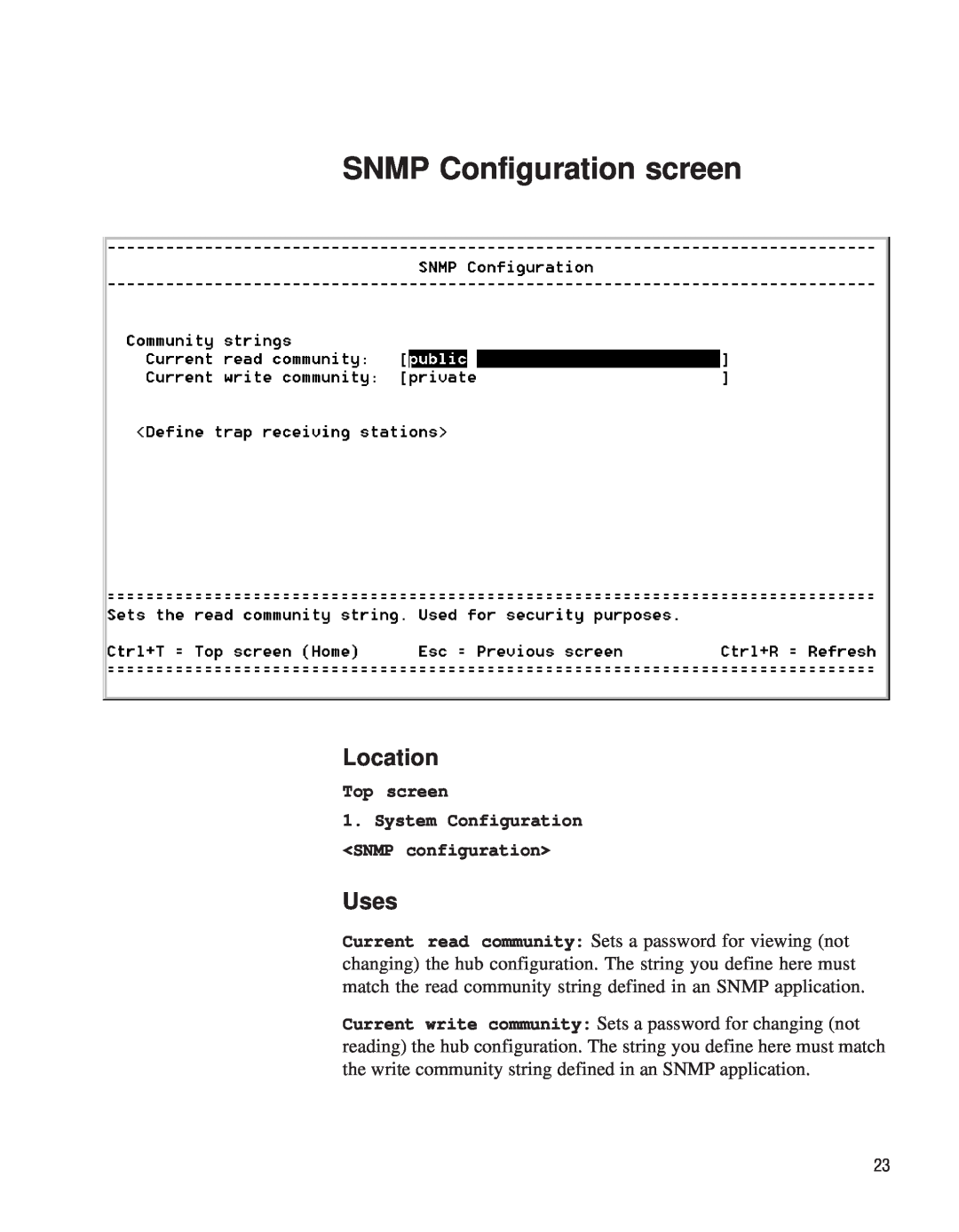 Intel EE110MM manual SNMP Configuration screen, Location, Uses, Top screen, System Configuration <SNMP configuration> 
