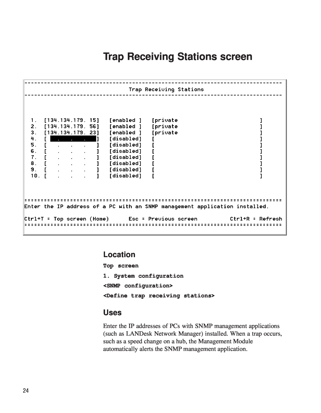 Intel EE110MM manual Trap Receiving Stations screen, <Define trap receiving stations>, Location, Uses, Top screen 