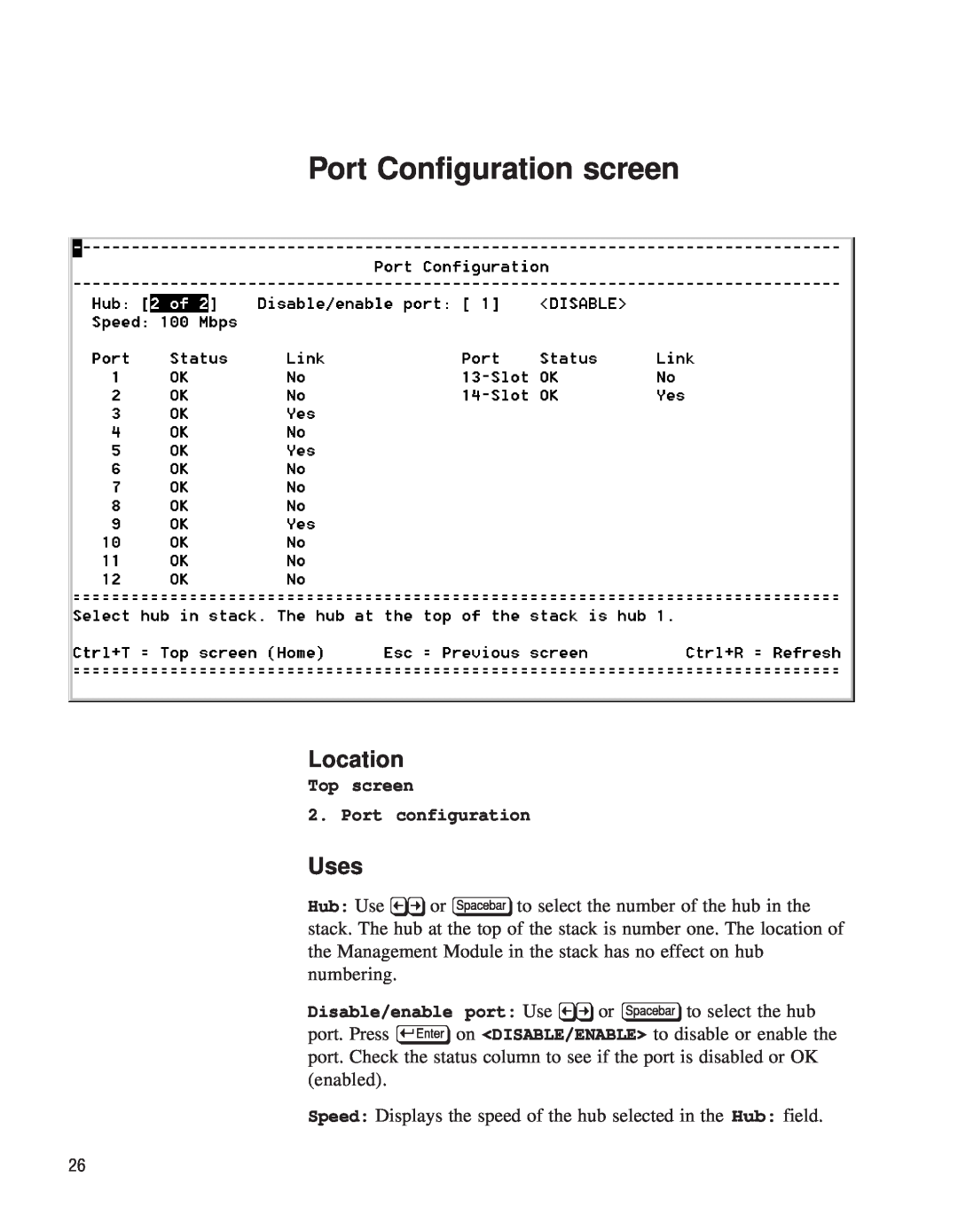 Intel EE110MM manual Port Configuration screen, Top screen 2. Port configuration, Location, Uses 