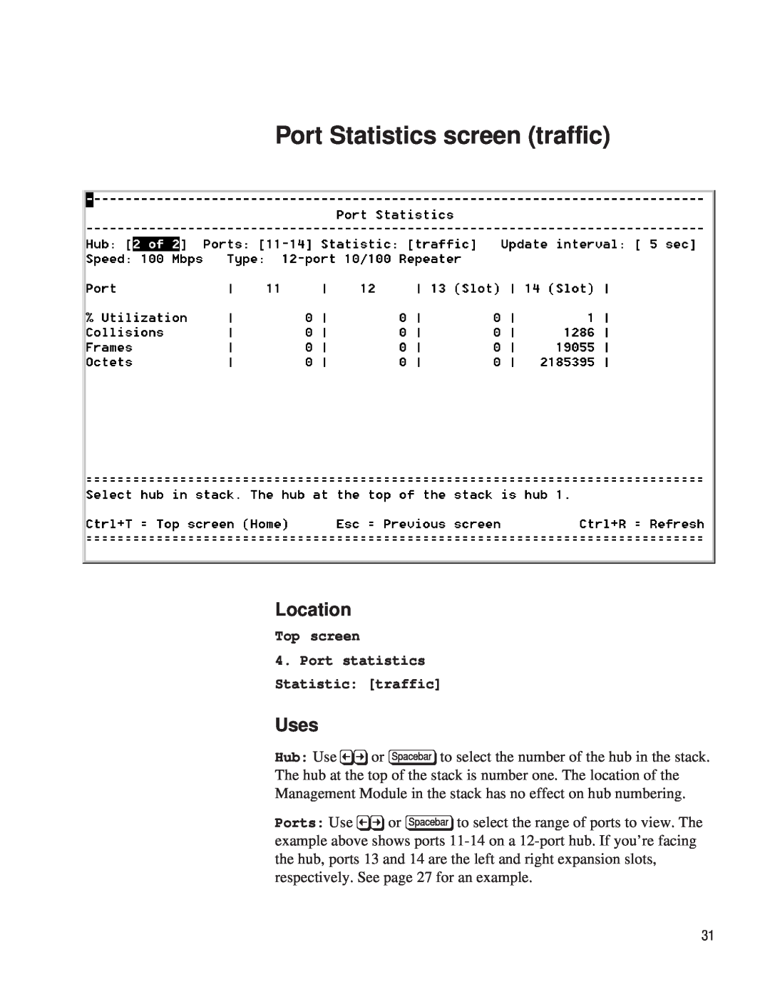 Intel EE110MM manual Port Statistics screen traffic, Location, Uses, Top screen, Port statistics Statistic: traffic 