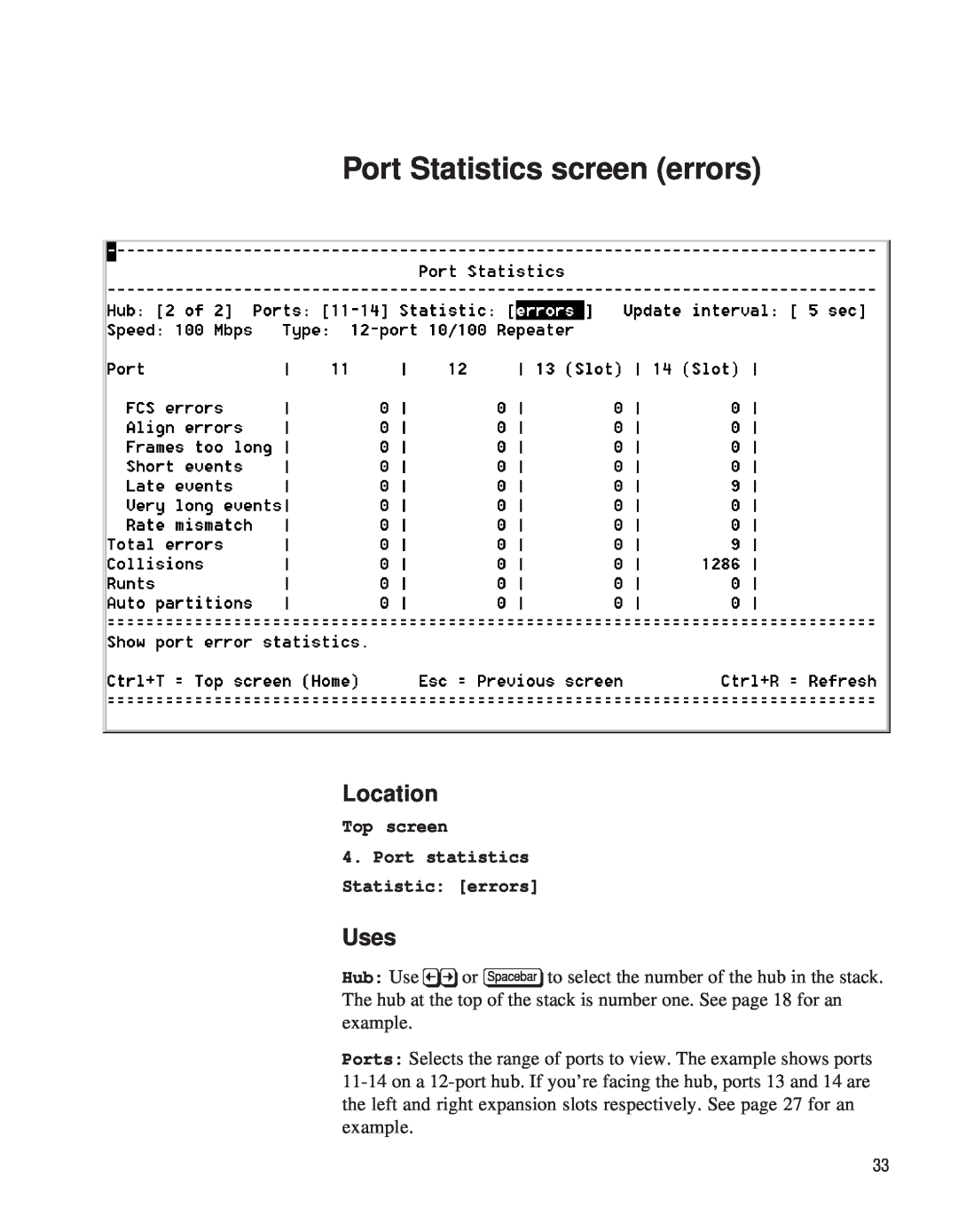 Intel EE110MM manual Port Statistics screen errors, Location, Uses, Top screen, Port statistics Statistic: errors 