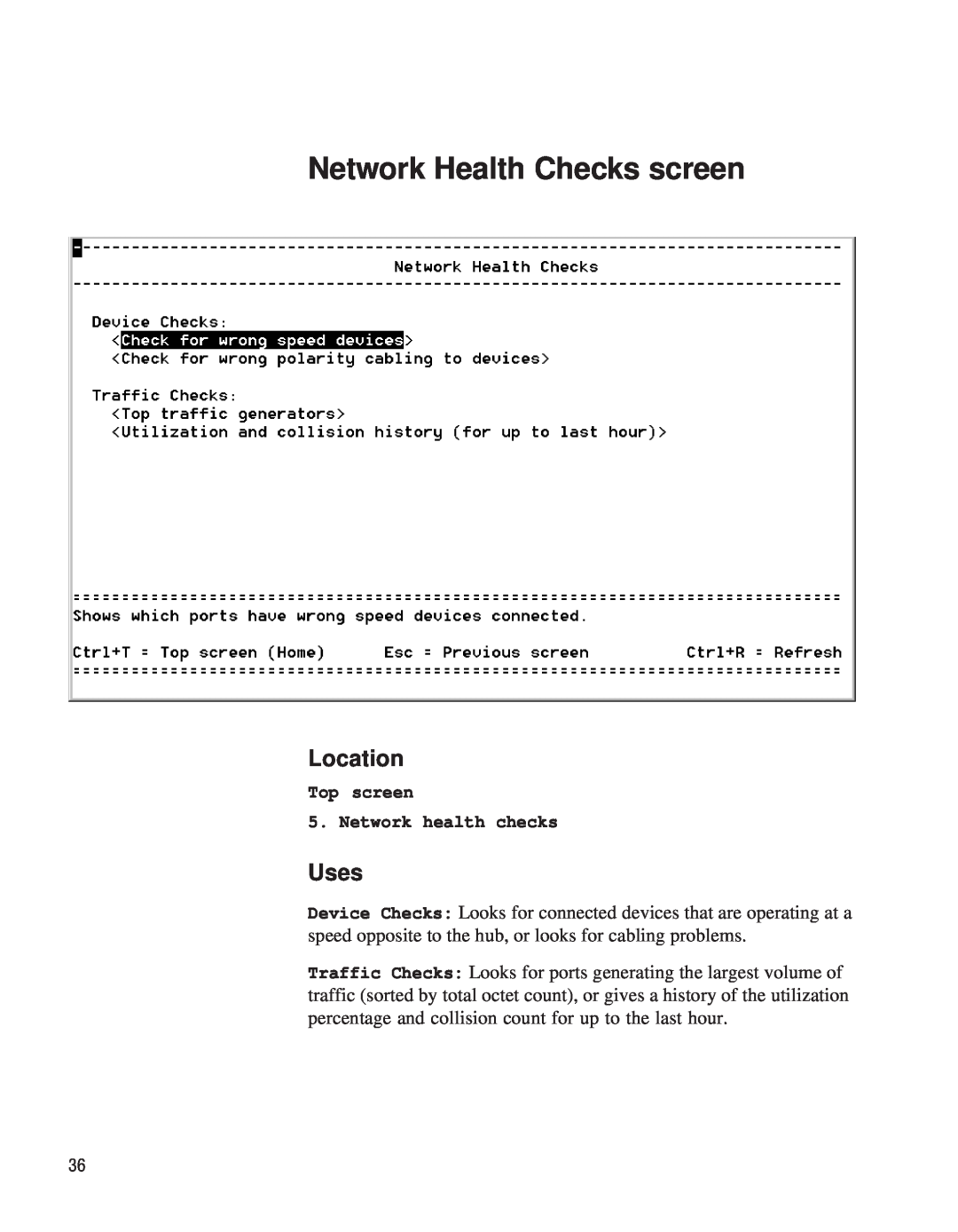 Intel EE110MM manual Network Health Checks screen, Top screen 5. Network health checks, Location, Uses 