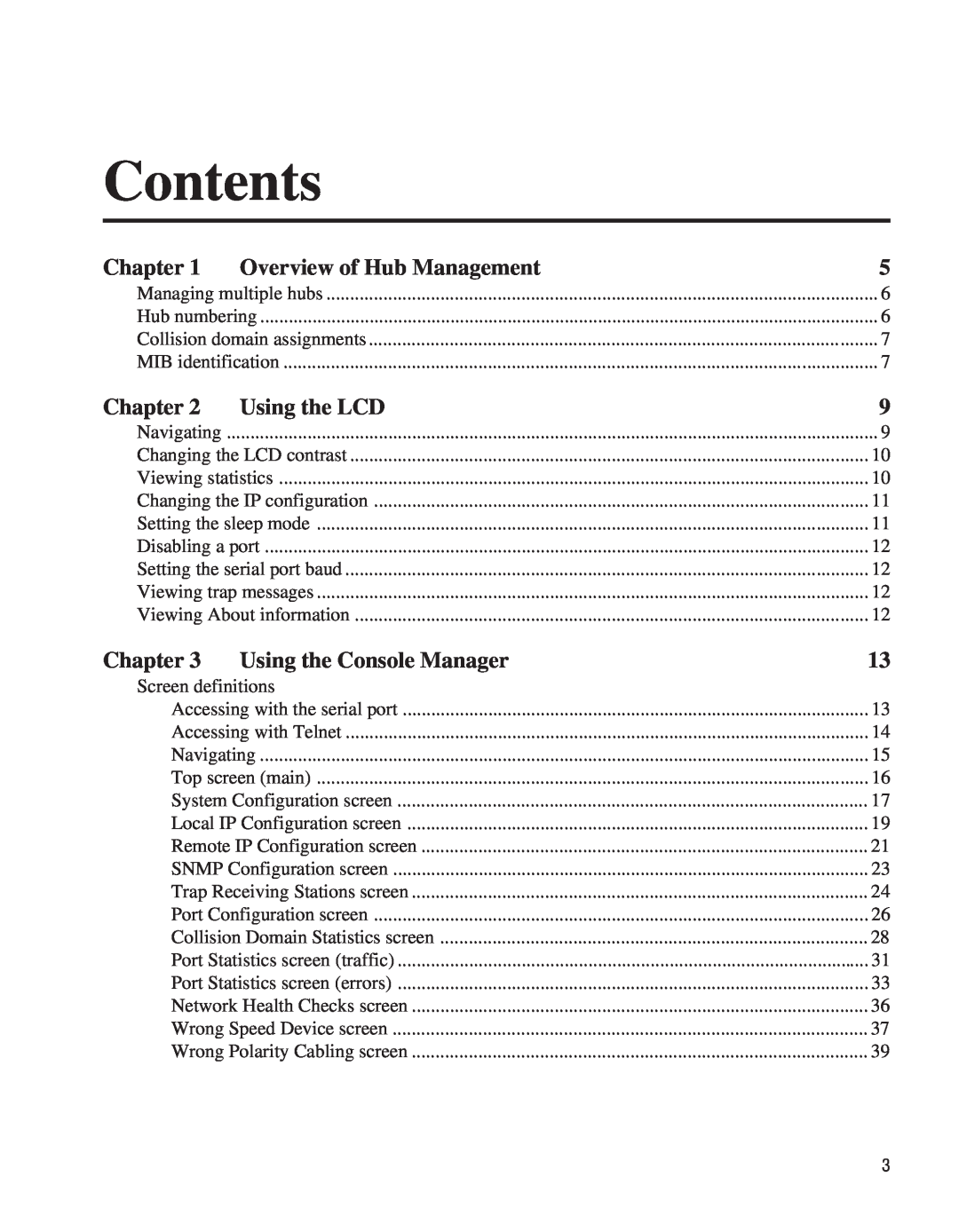 Intel EE110MM manual Contents, Chapter, Overview of Hub Management, Using the LCD, Using the Console Manager 