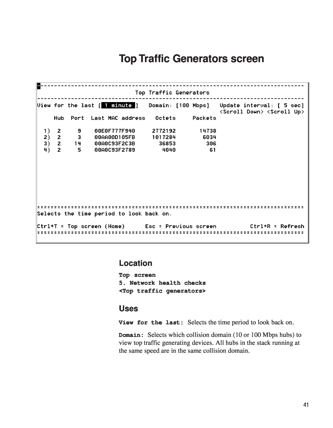 Intel EE110MM Top Traffic Generators screen, Location, Uses, Top screen, Network health checks <Top traffic generators> 