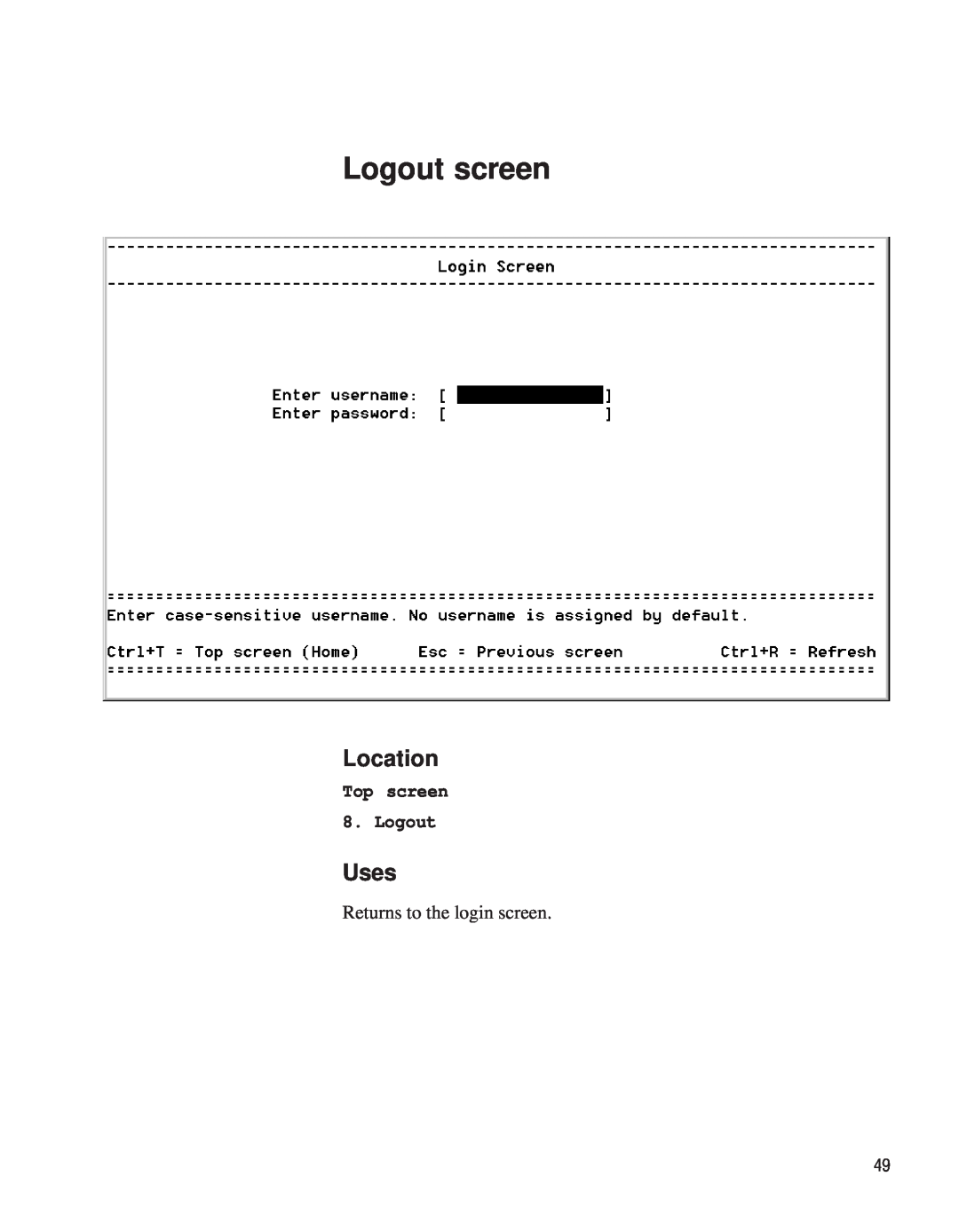 Intel EE110MM manual Logout screen, Top screen 8. Logout, Location, Uses 