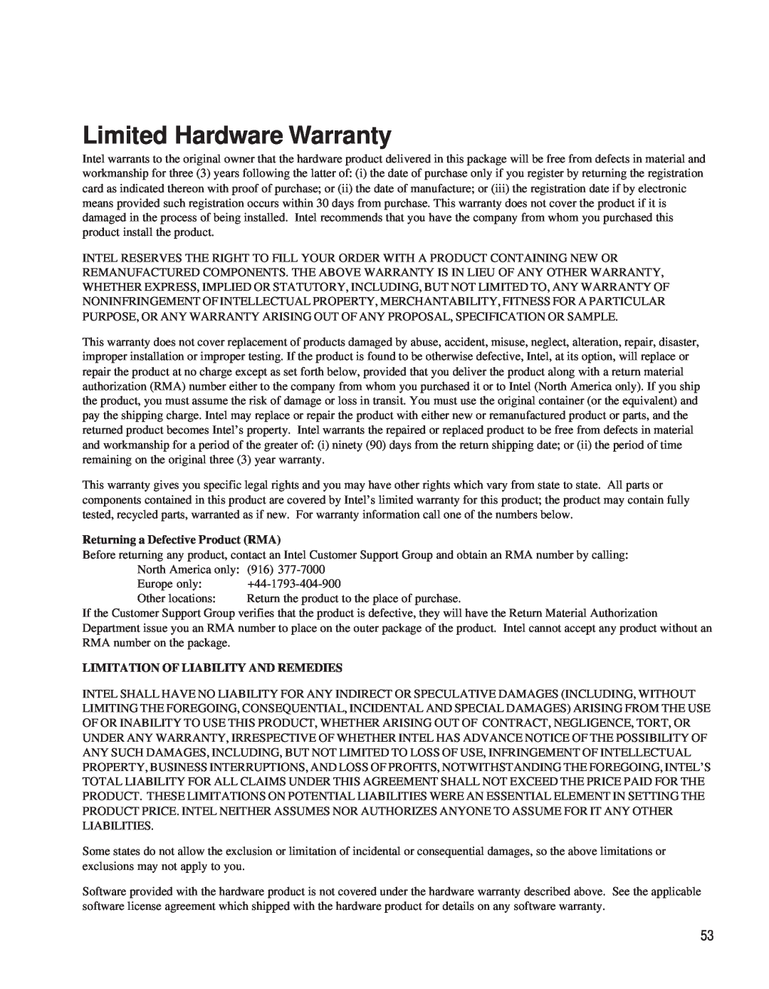 Intel EE110MM manual Limited Hardware Warranty, Returning a Defective Product RMA, Limitation Of Liability And Remedies 