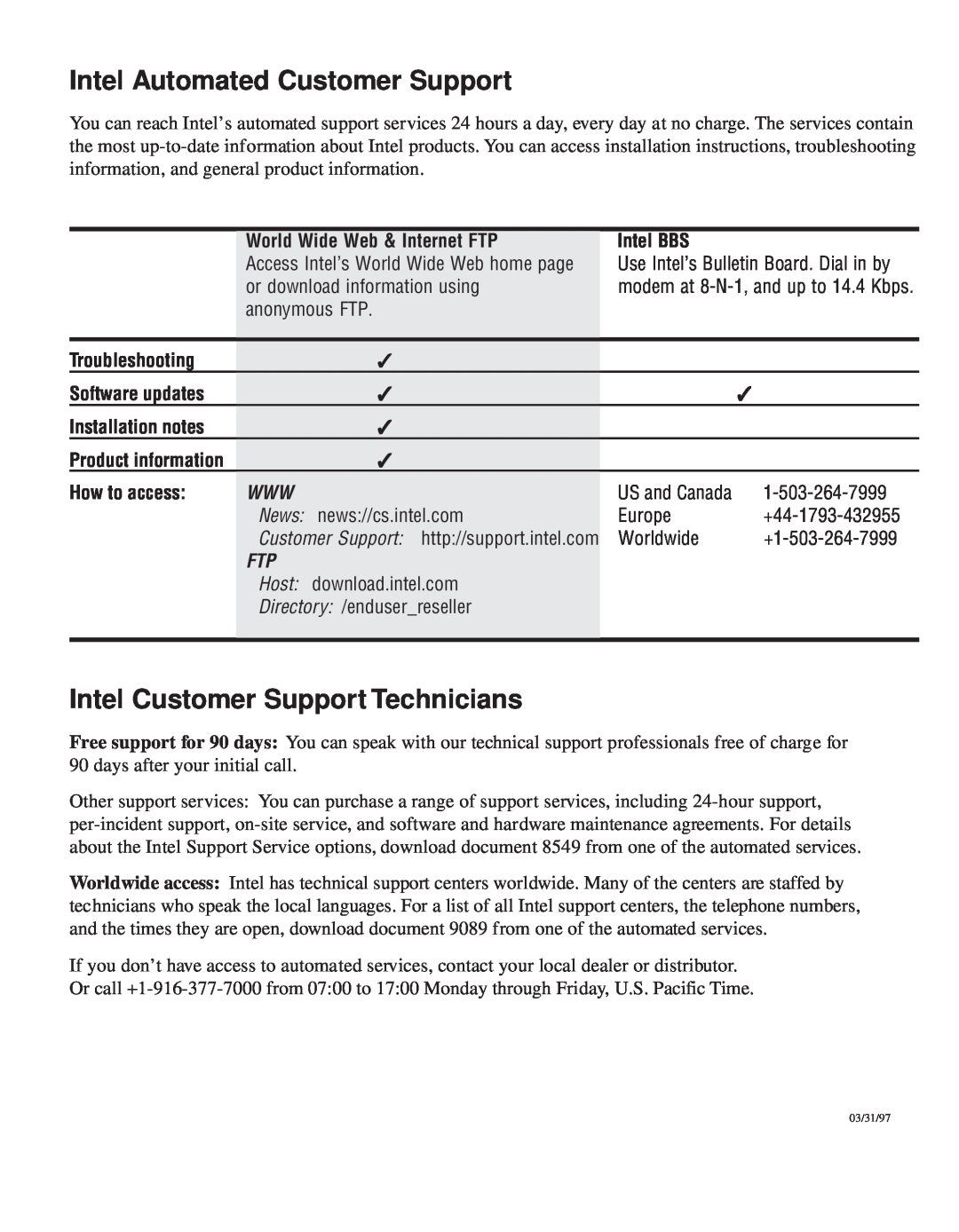 Intel EE110MM Intel Automated Customer Support, Intel Customer Support Technicians, World Wide Web & Internet FTP, News 