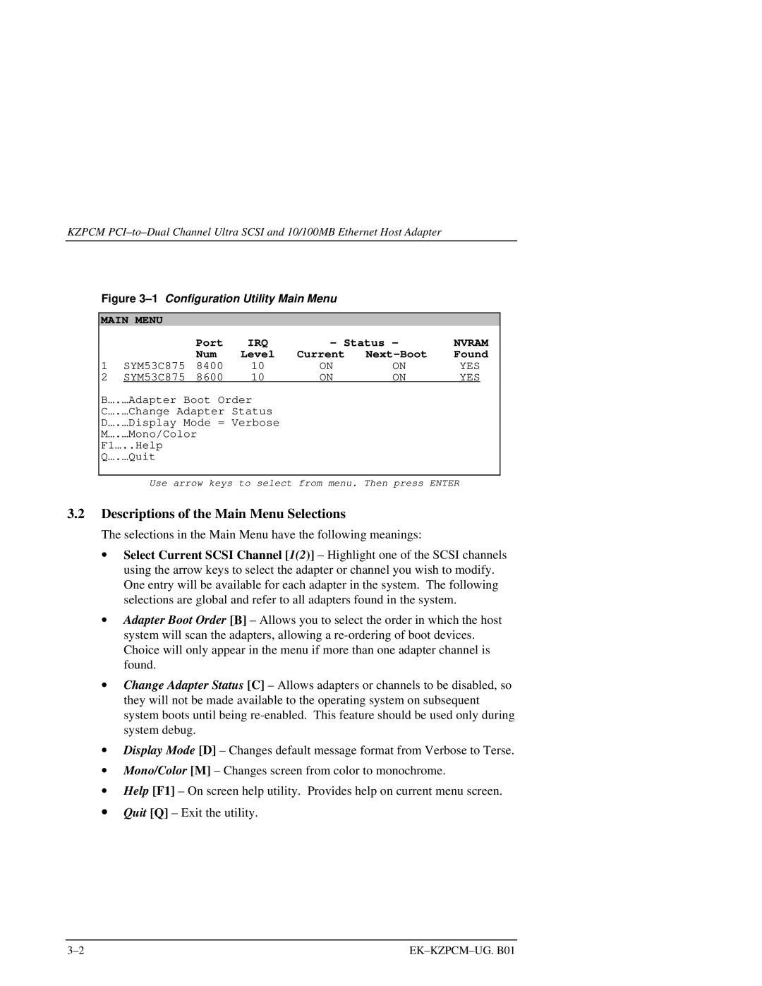 Intel EK-KZPCM-UG manual Descriptions of the Main Menu Selections 