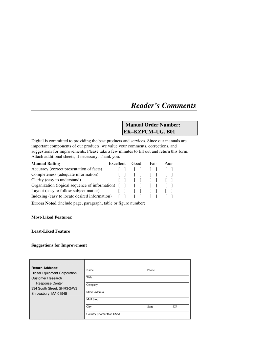 Intel manual Reader’s Comments, Manual Rating, Manual Order Number EK-KZPCM-UG. B01 