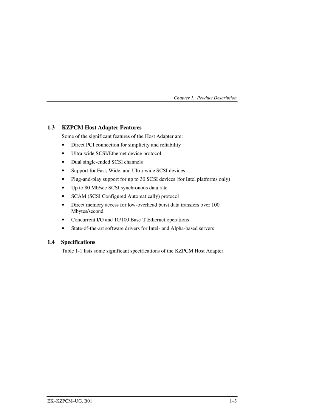 Intel EK-KZPCM-UG manual Kzpcm Host Adapter Features, Specifications 