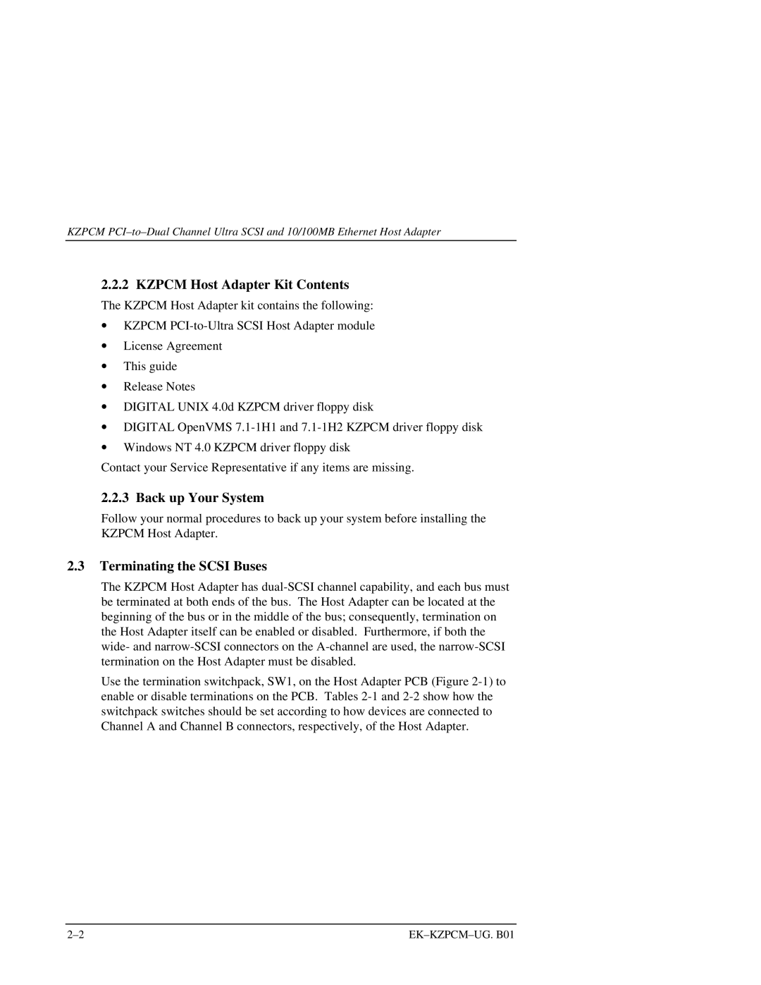 Intel EK-KZPCM-UG manual Kzpcm Host Adapter Kit Contents, Back up Your System, Terminating the Scsi Buses 