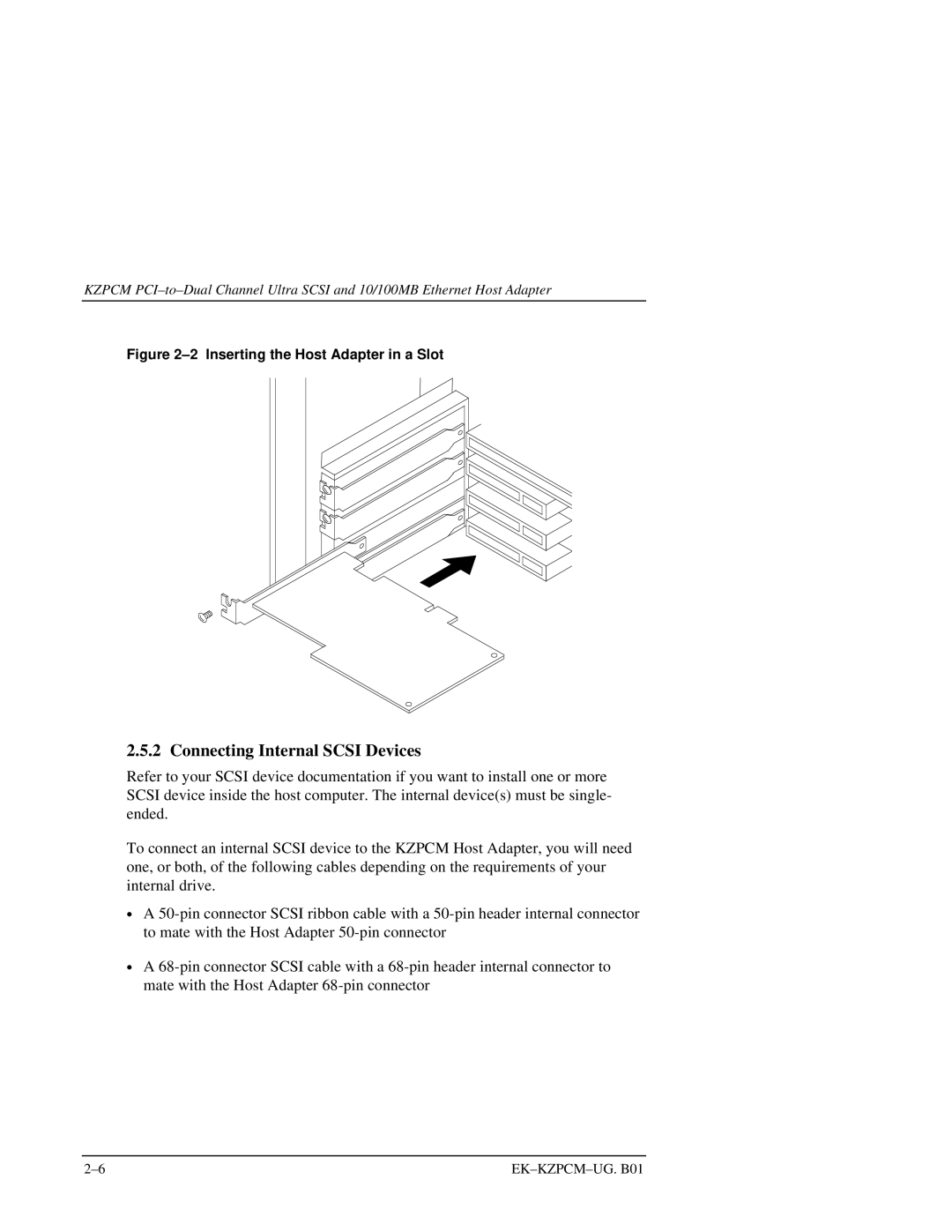 Intel EK-KZPCM-UG manual Connecting Internal Scsi Devices, Inserting the Host Adapter in a Slot 