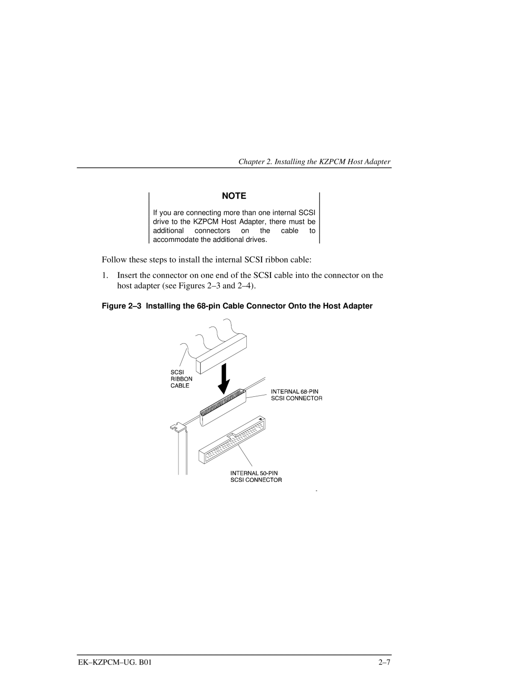 Intel EK-KZPCM-UG manual Installing the 68-pin Cable Connector Onto the Host Adapter 