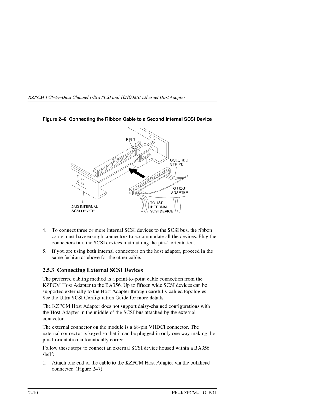 Intel EK-KZPCM-UG manual Connecting External Scsi Devices, Connecting the Ribbon Cable to a Second Internal Scsi Device 