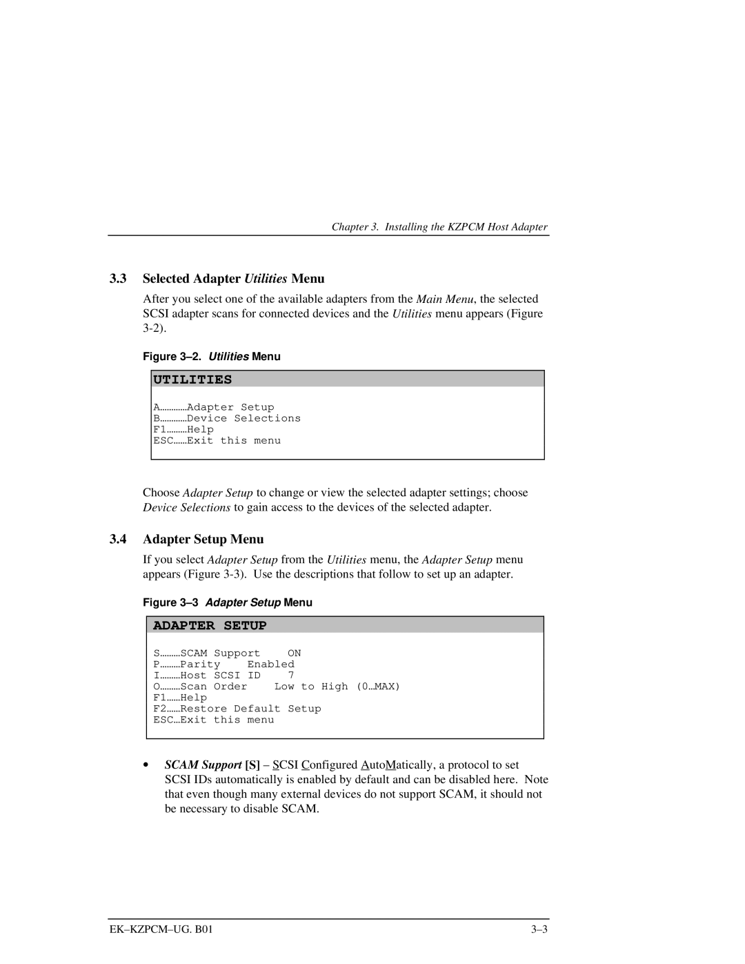 Intel EK-KZPCM-UG manual Selected Adapter Utilities Menu, Adapter Setup Menu 