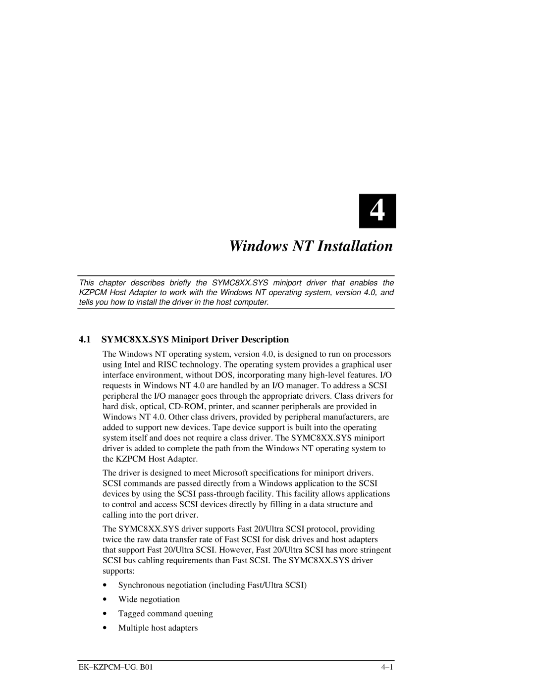 Intel EK-KZPCM-UG manual Windows NT Installation, SYMC8XX.SYS Miniport Driver Description 