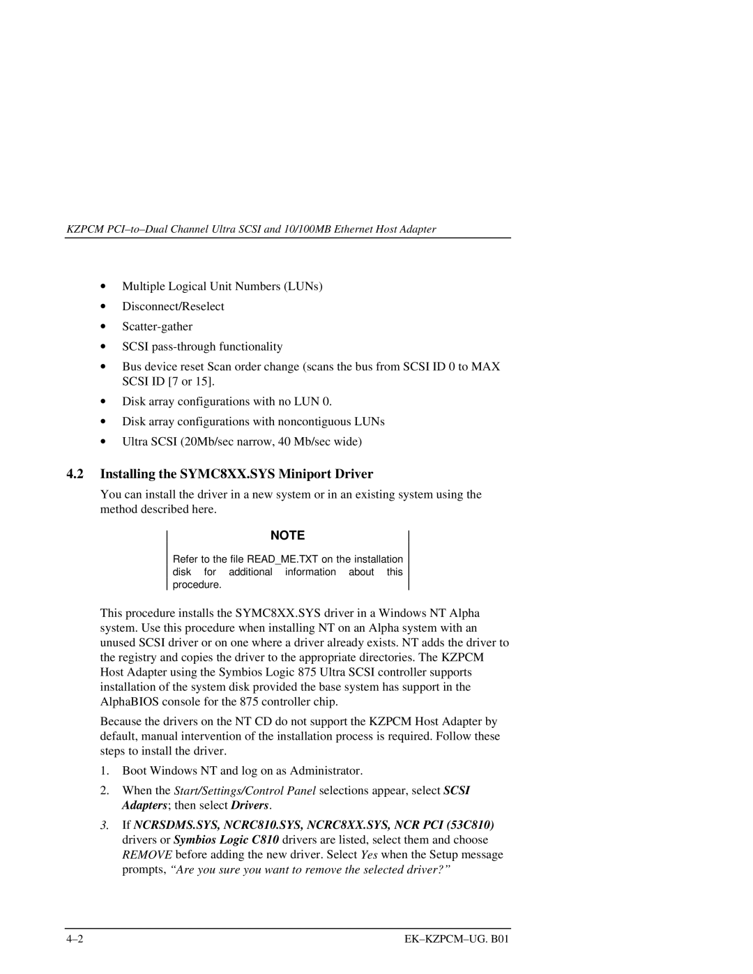 Intel EK-KZPCM-UG manual Installing the SYMC8XX.SYS Miniport Driver 