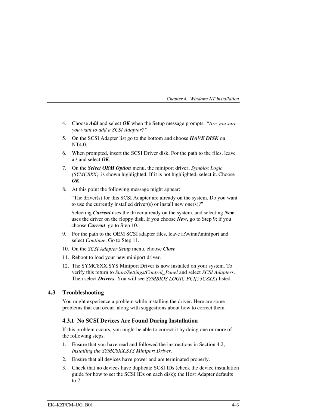 Intel EK-KZPCM-UG manual Troubleshooting, No Scsi Devices Are Found During Installation 